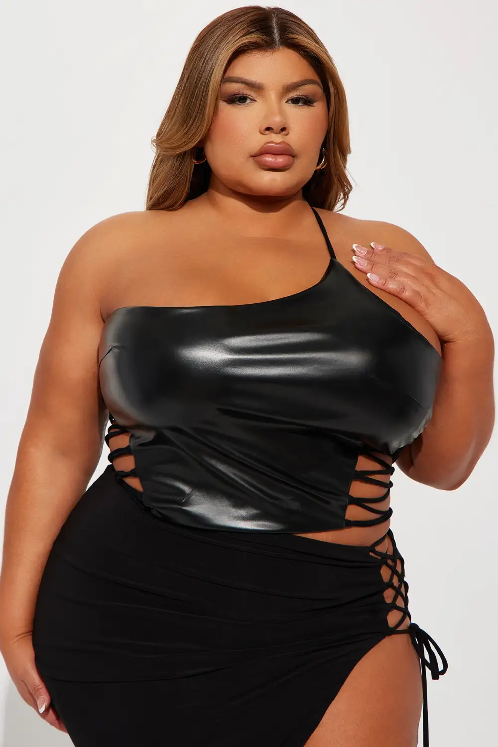 Wrapped Up One Shoulder PU Top - Black