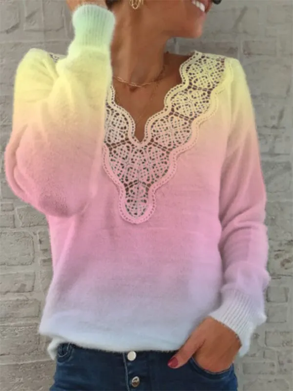 V-neck gradual change lace pullover sweater top