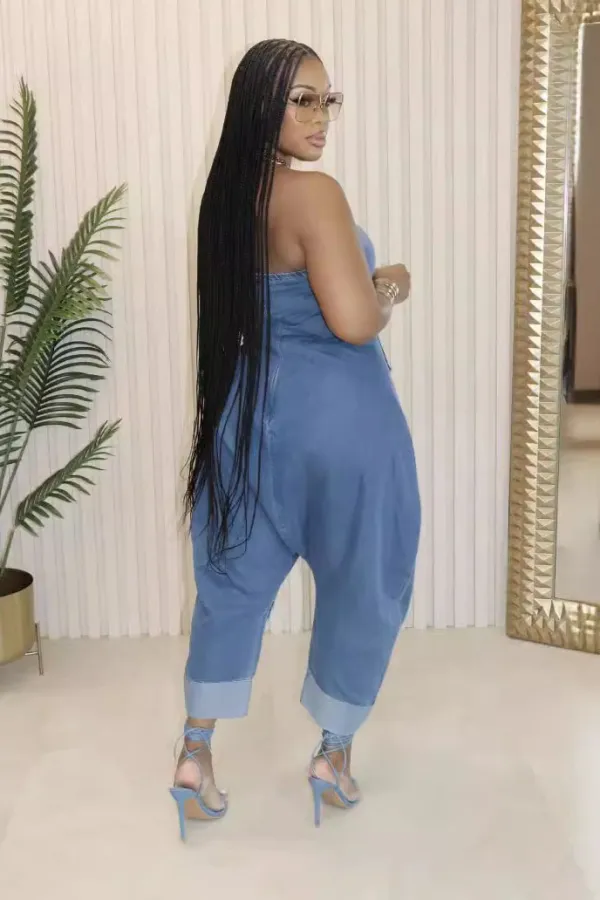 Strapless Pockets Raw Edge Harem Leg Denim Jumpsuit-Blue