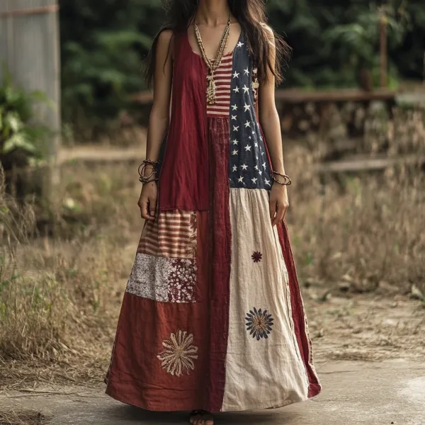 Independence Day Flag Elements Vintage Printed Women's Linen Vest Dress