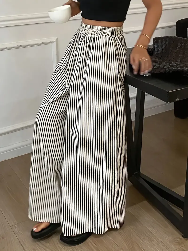 Women's Striped Wide Leg Pants with Elastic Waist - Casual Polyester, Machine Washable, High-Contrast Vertical Stripes, Comfortable All-Season Wear