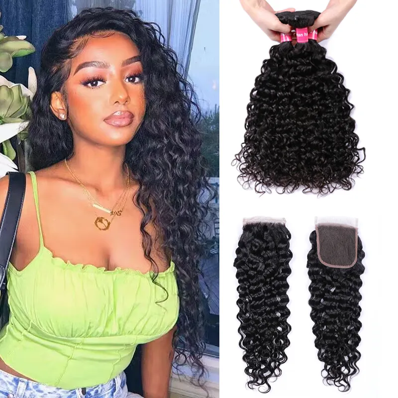 Sterly Hair Water Wave 3 Bundles Virgin Human Hair With 4×4 Lace Closure