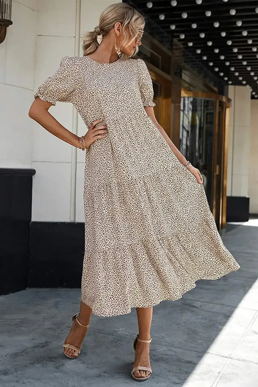Floral Print Ruffle Puff Sleeve High Waist Midi Dresses