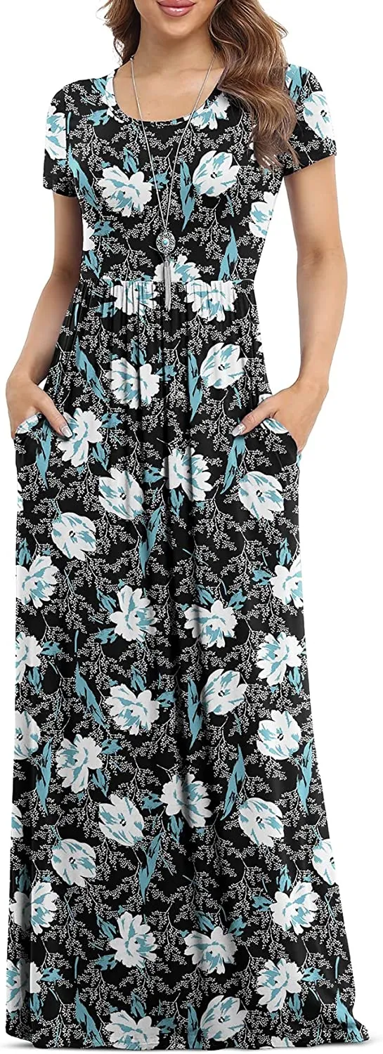 Women's Short Sleeve Loose Plain Maxi Dresses Casual Long Dresses with Pockets
