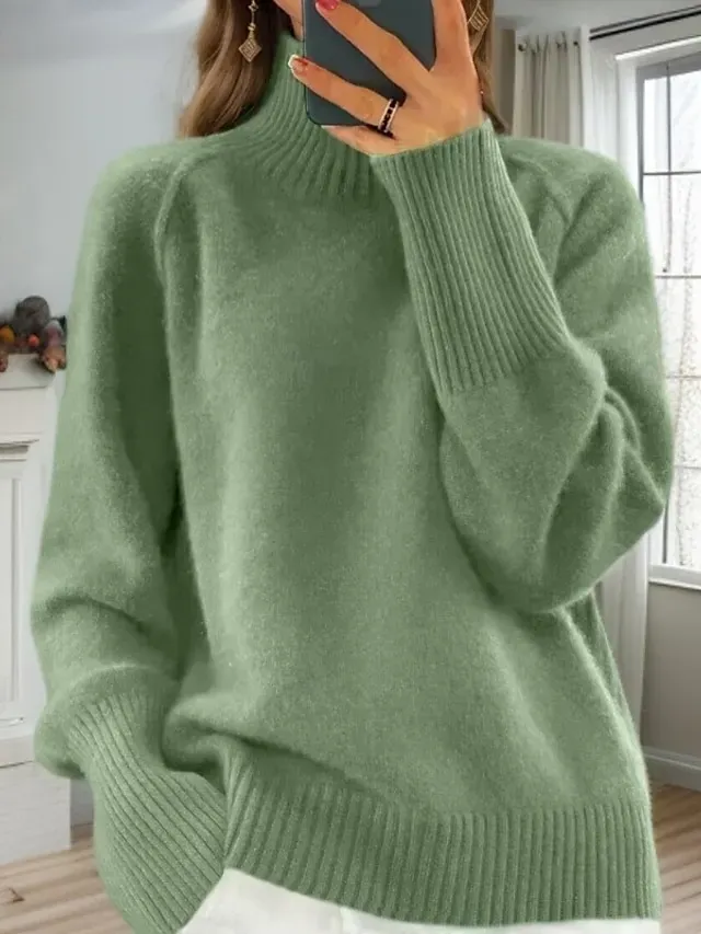 Women's Sweater Pullover Sweater Jumper Turtleneck Knit Knitted Raglan Sleeves Spring Fall Home Daily Holiday Daily Casual Soft Long Sleeve Pure Color White Light Green