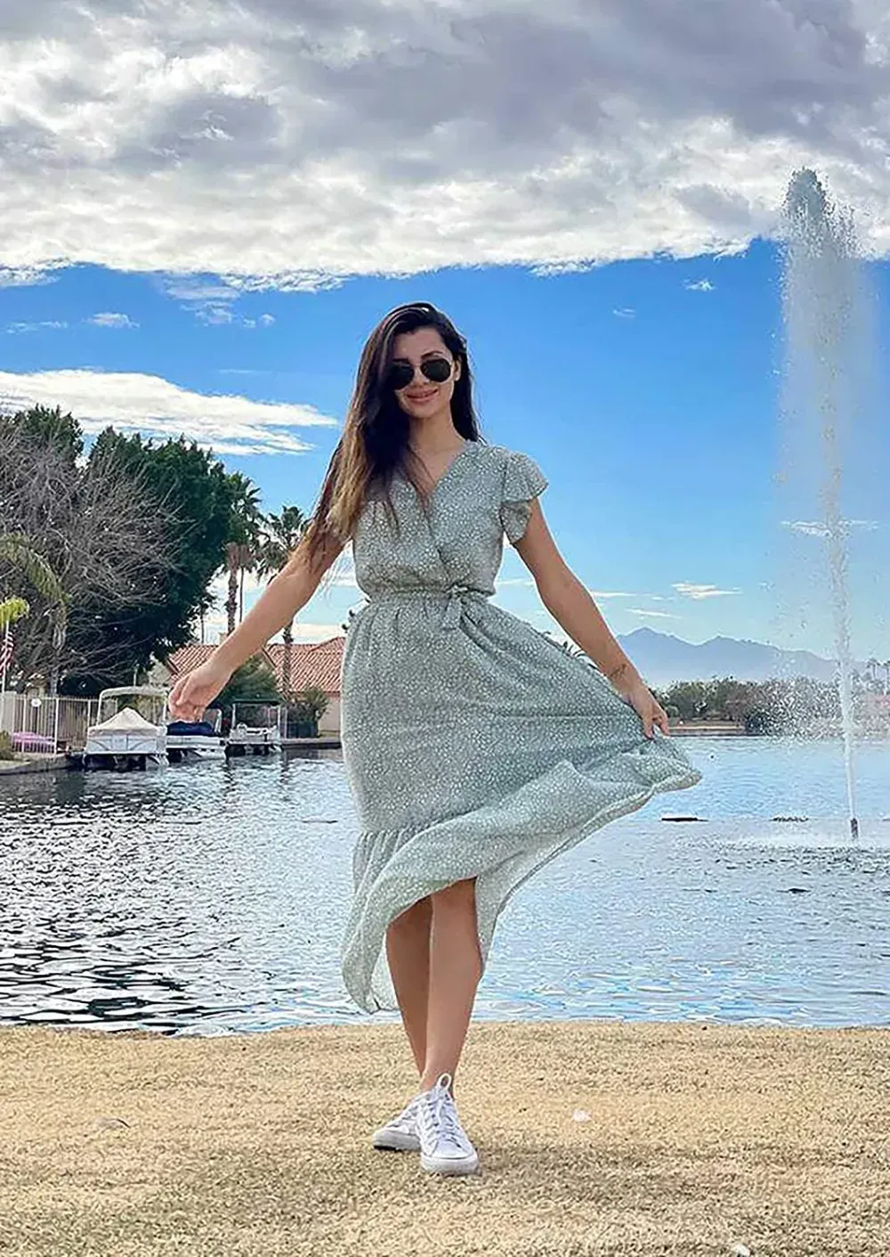 Women Summer Bohemian Floral Casual Wrap V Neck Ruffle Cap Sleeveless Belt A-Line Pleated Hem Swing Midi Sun Dress