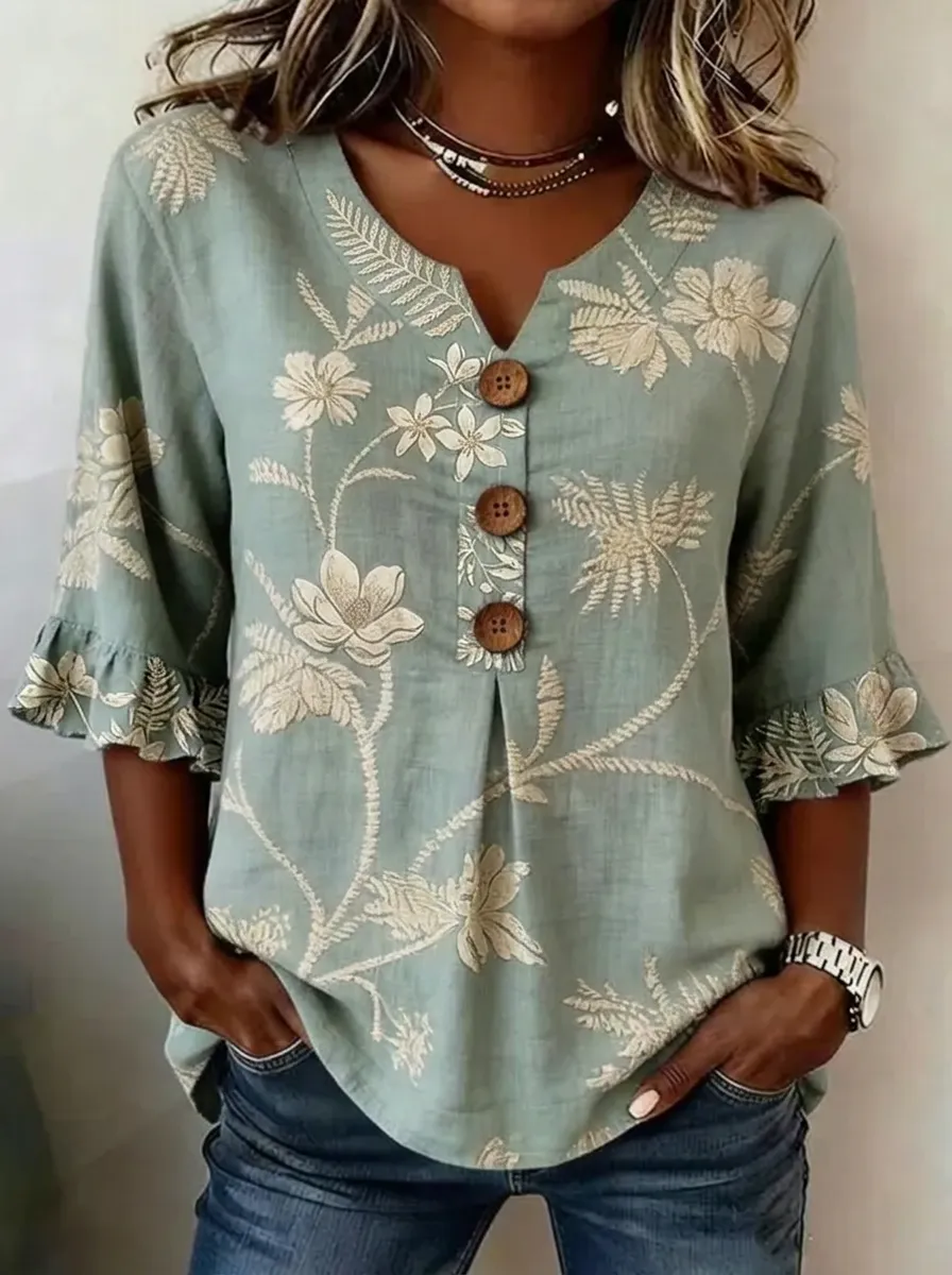 Women's Nashville Floral Botanical Embroidered Printed V-Neck Top