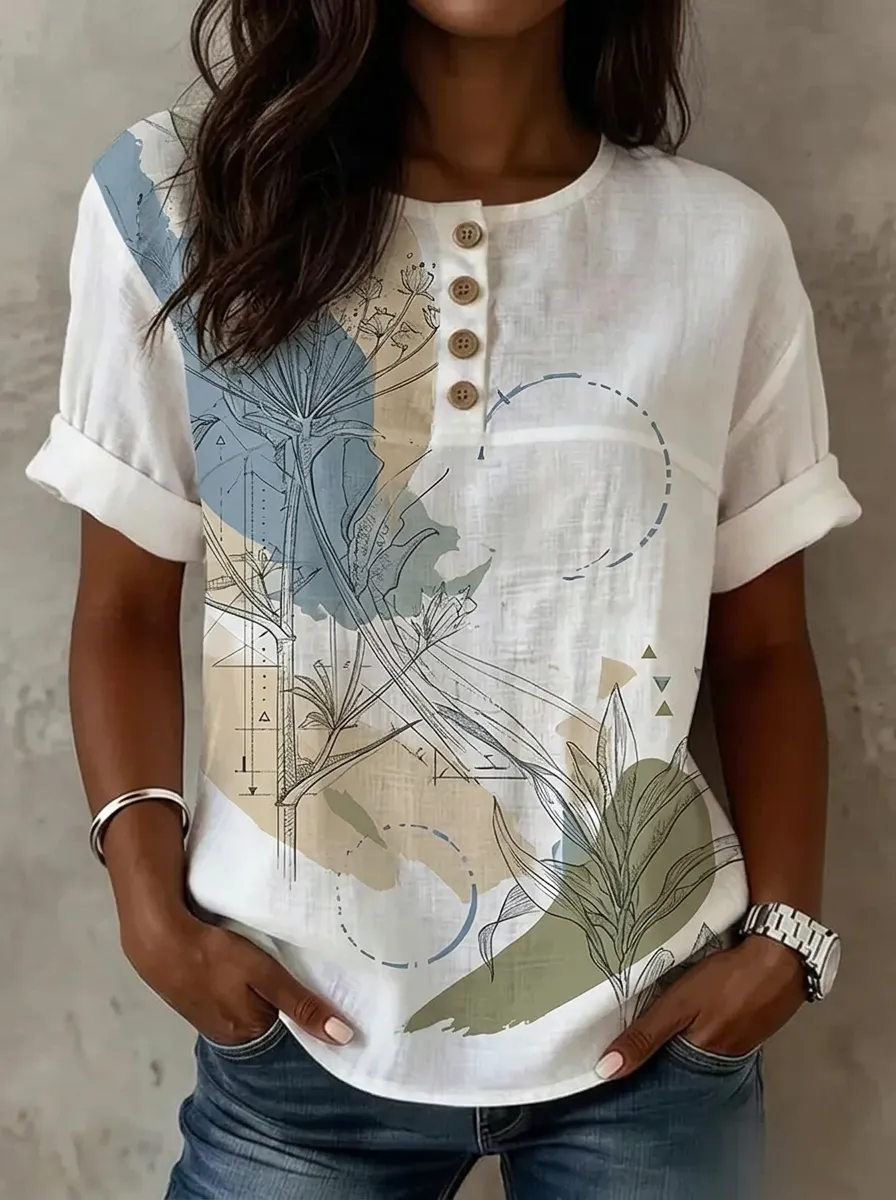 Women's Nashville Botanical Abstract Printed Button-up Top