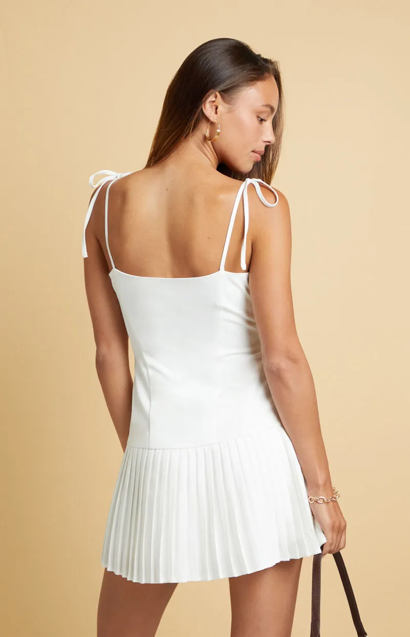 Beverly and Beck Romee Tie Front Bow Pleated Mini Dress