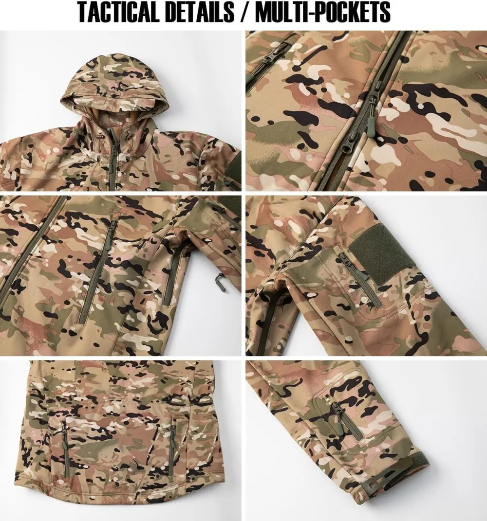 Men's Camo Quiet Hunting Jacket Waterproof Softshell Fleece Lined Camouflage Outdoor Hiking Fishing Coat
