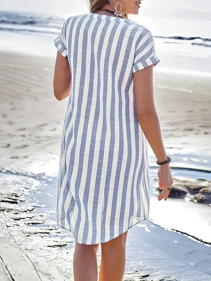 Elegant Women's Striped V-Neck Midi Dress - Casual Short Sleeve, Button Front, Lightweight Polyester, Perfect for Summer Beach Outings, Beach Dress