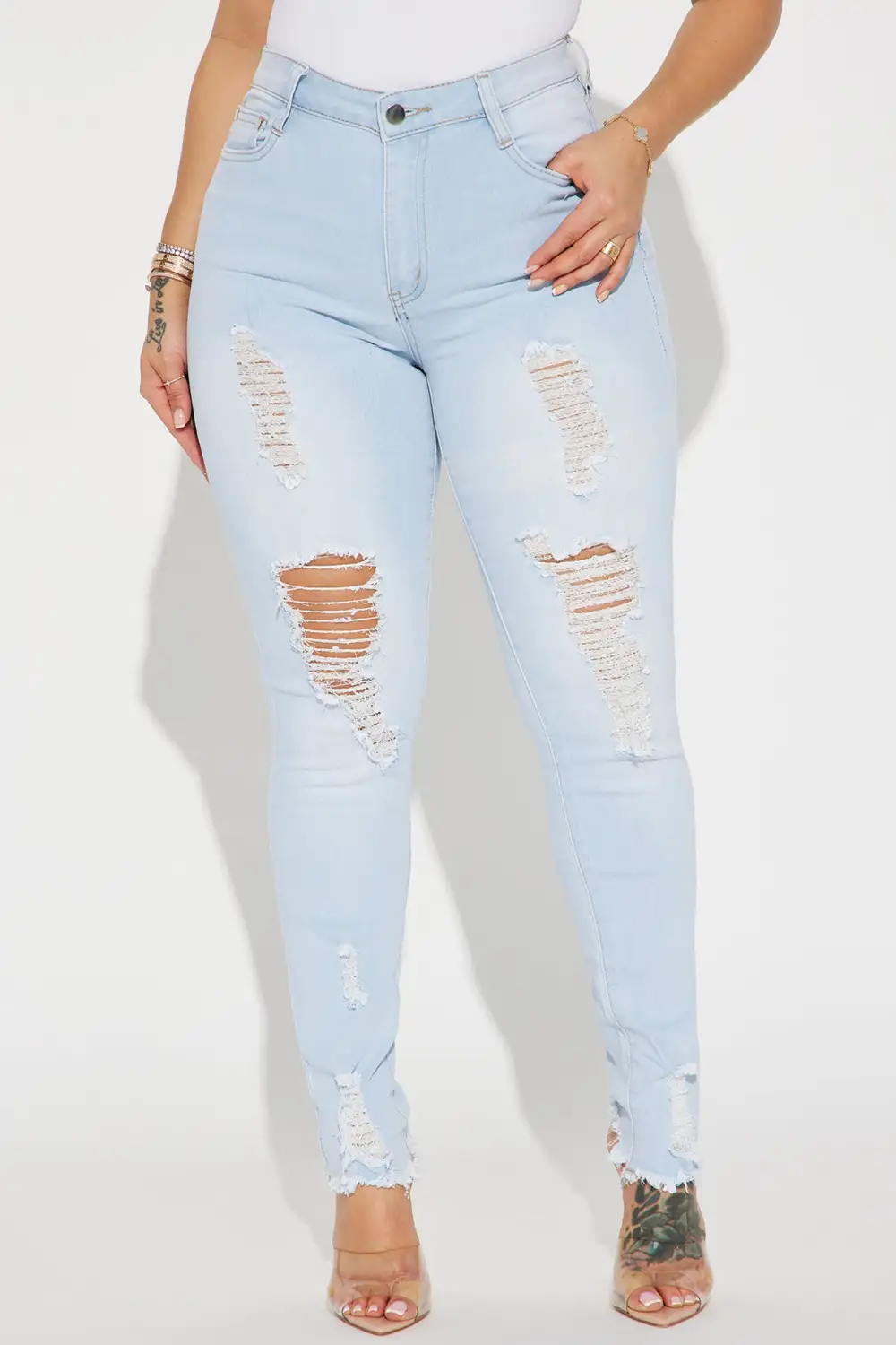 Kenley Distressed HIgh Rise Skinny Jeans - Light Blue Wash