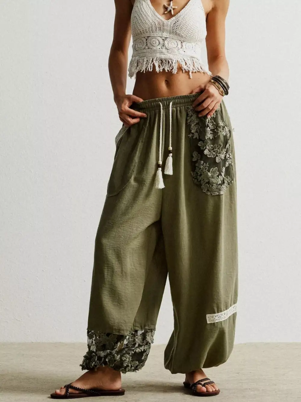 Lace Detail Drawstring Harem Pants