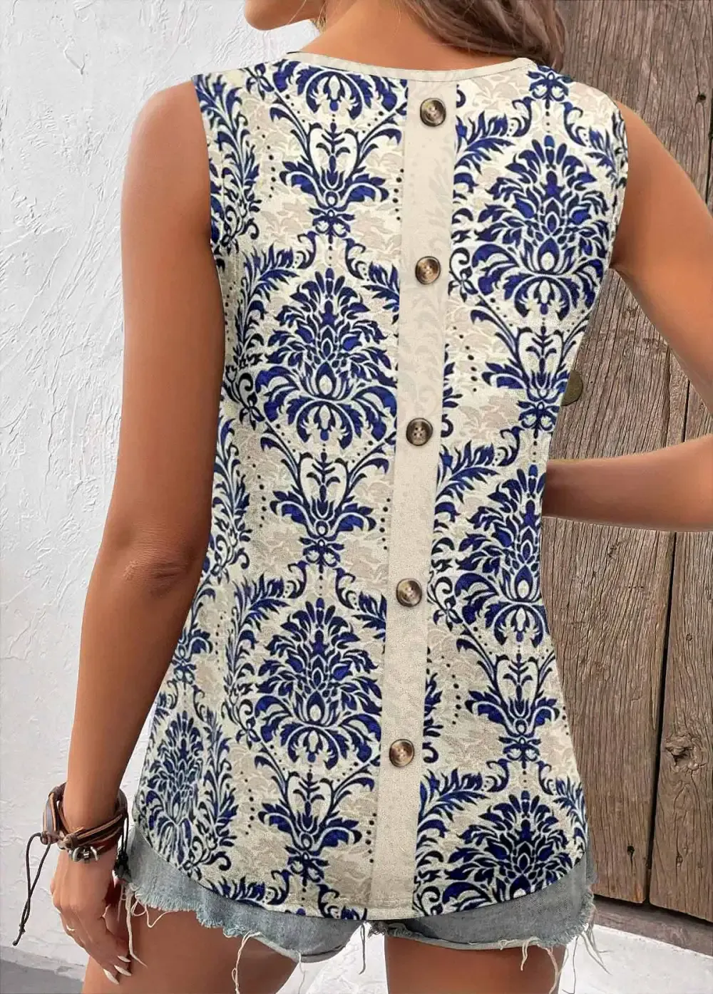 Navy Button Tribal Print Sleeveless Square Neck Tank Top