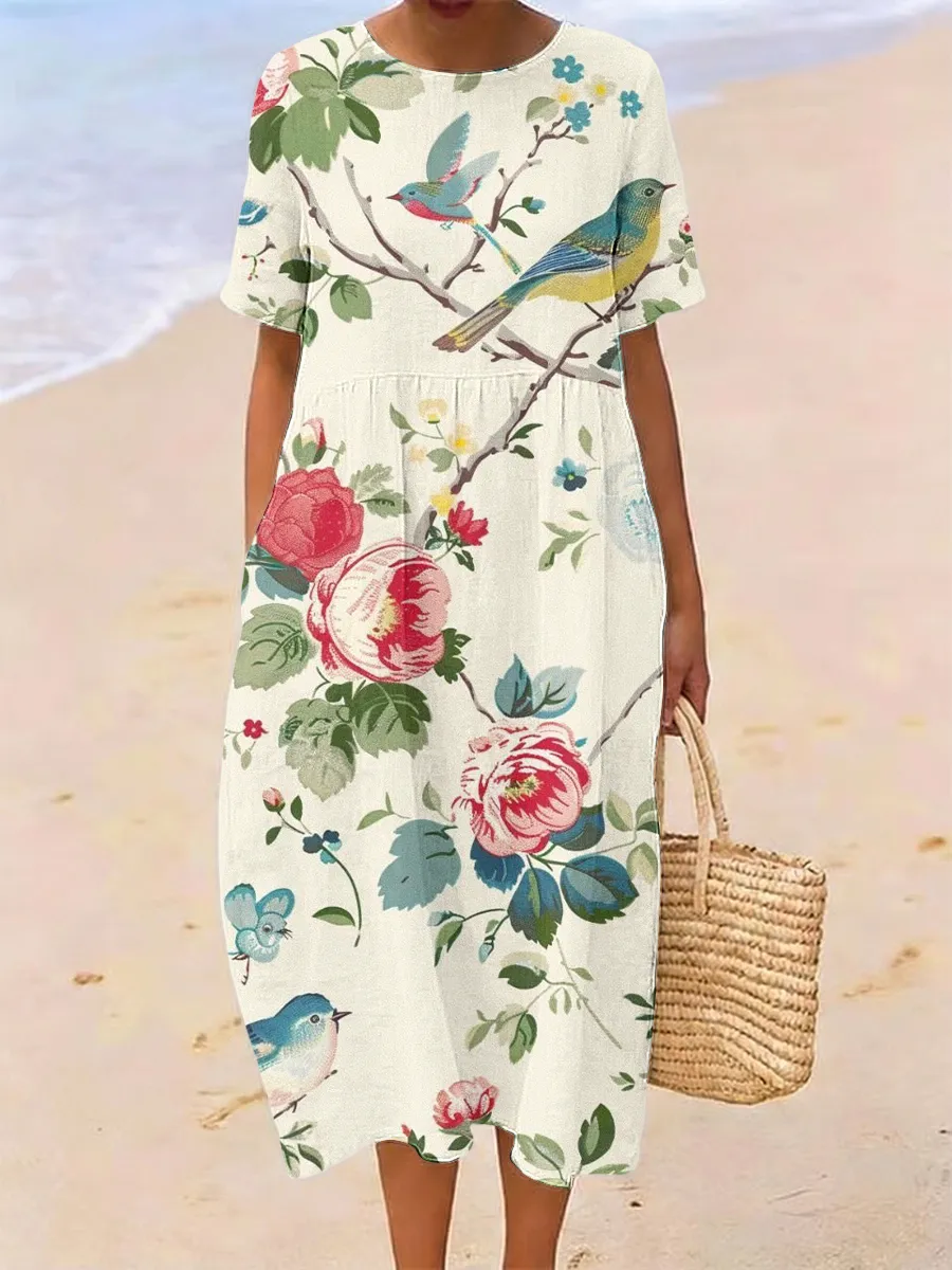 Simple Round Neck Half Sleeved Printed Women's Dress
