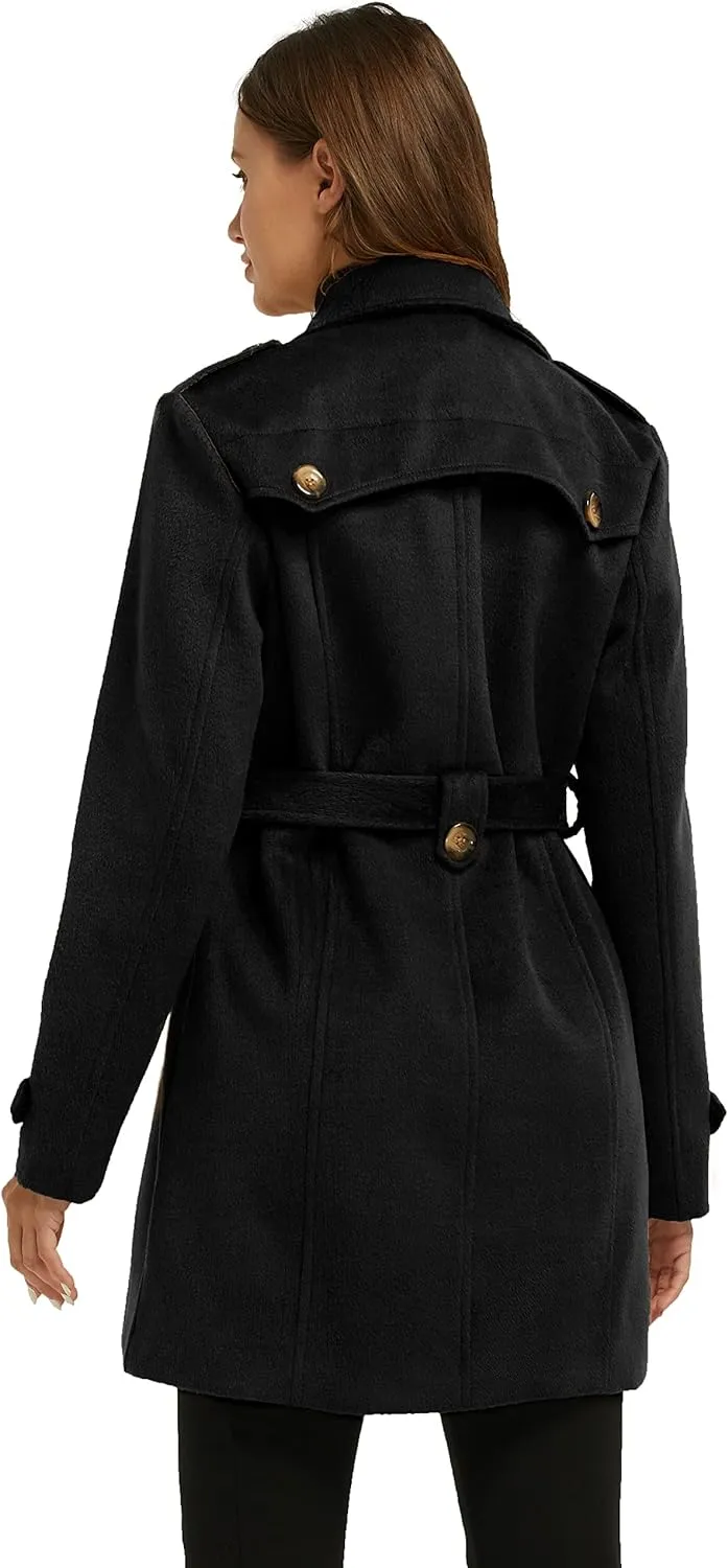 Women's Double Breasted Pea Coat Winter Mid-Long Trench Coat with Belt