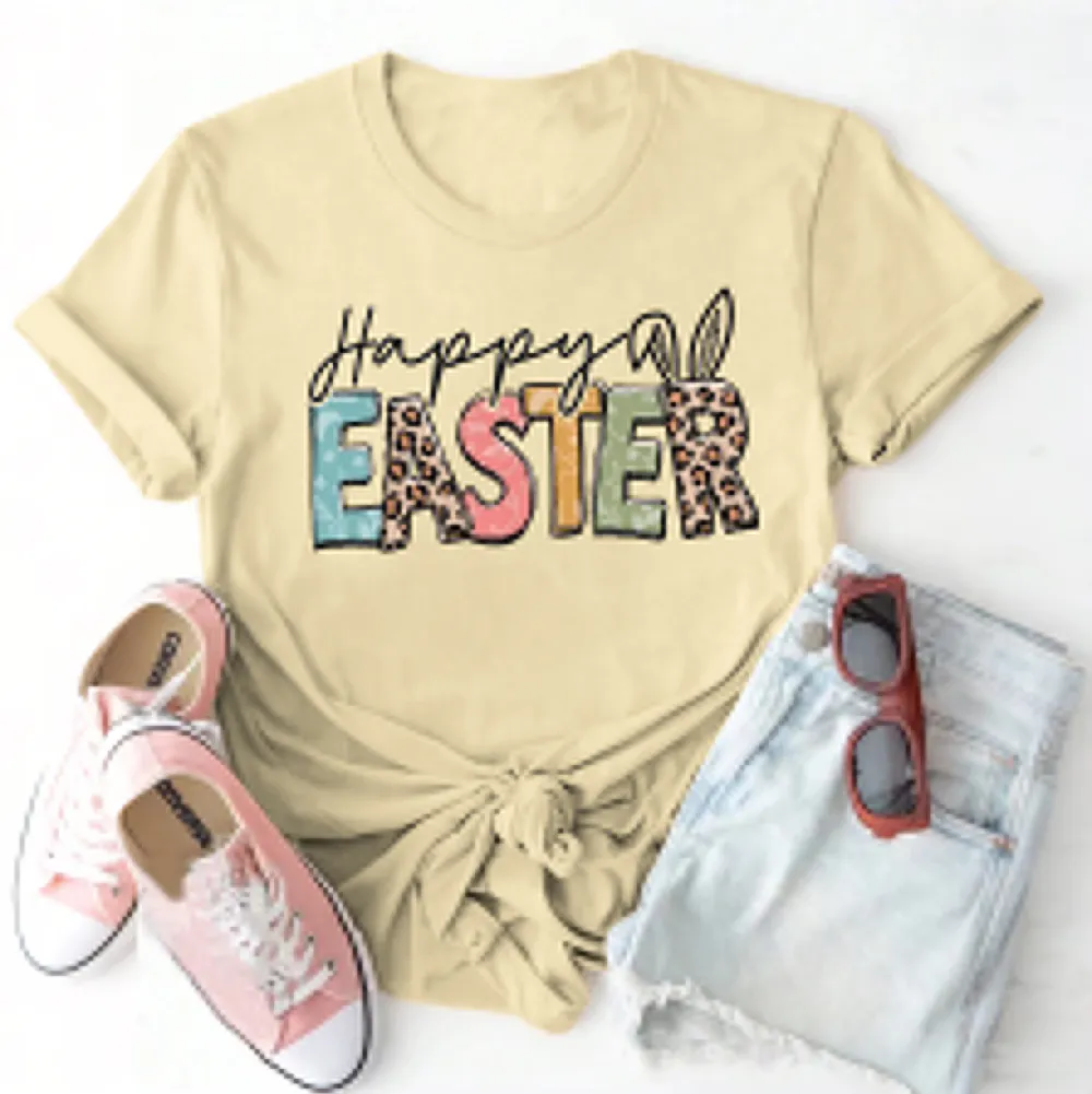 Happy Easter Printed Round Neck Short Sleeve T-Shirt
