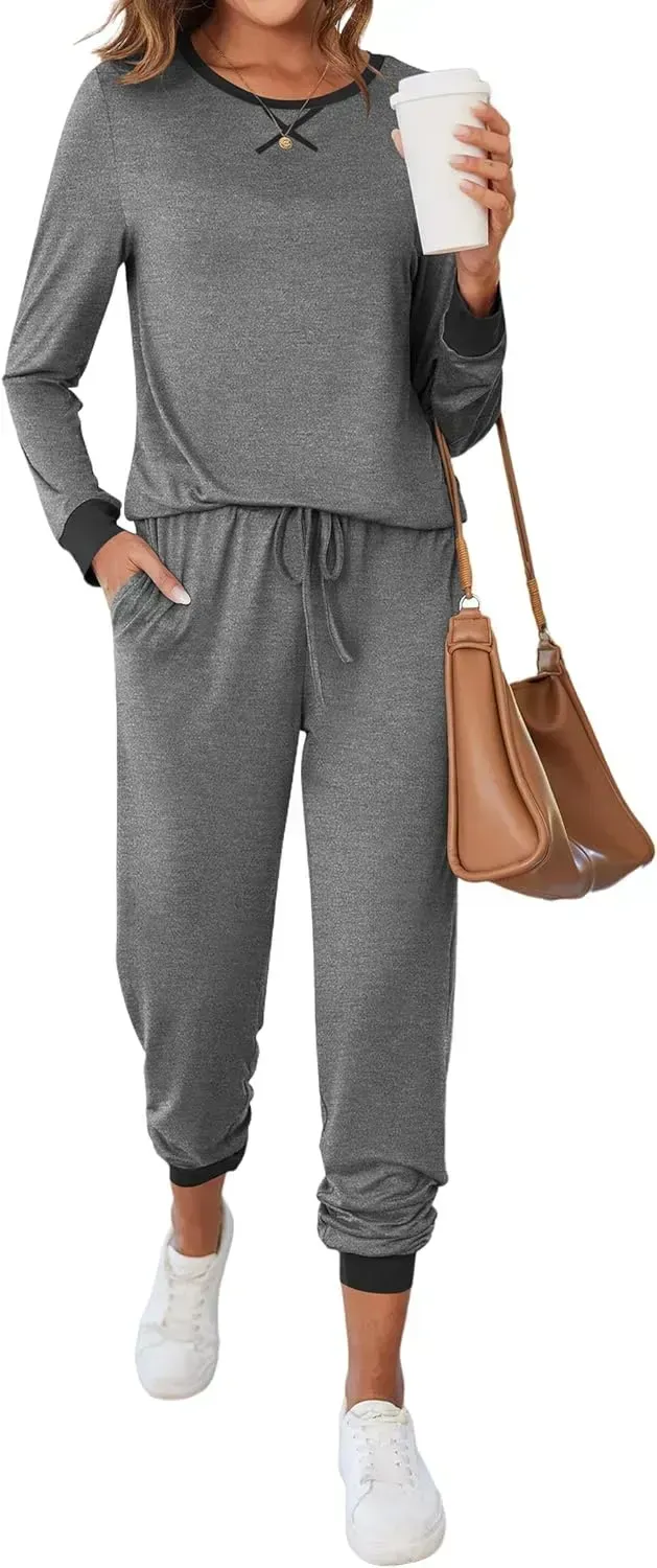 Women's Pajamas Sets Long Sleeve with Plaid Pants Soft Sleepwear O Neck 2 Piece Pjs Joggers Loung Set with Pockets