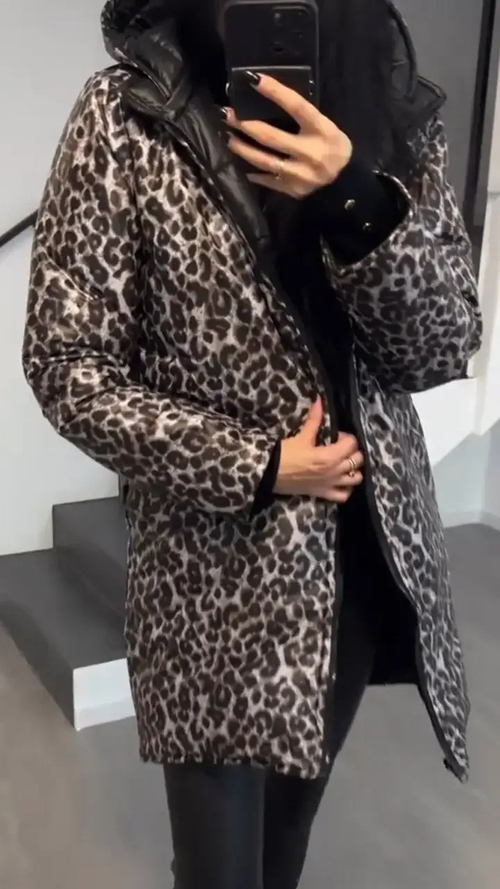 Women's Hooded Leopard  + Solid Color Double-Sided Cotton Coat
