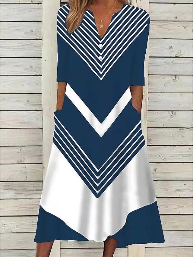 Women's Casual Dress Shift Dress Midi Dress Black and white stripes Green Dark Blue Half Sleeve Color Block Button Summer Spring V Neck Basic Vacation 2023 S M L XL XXL 3XL