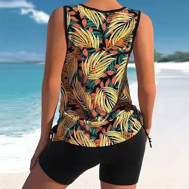 Women's Swimwear Tankini 2 Piece Plus Size Swimsuit Printing Floral Black White Yellow Pink Sky Blue Tank Top Bathing Suits Sports Summer