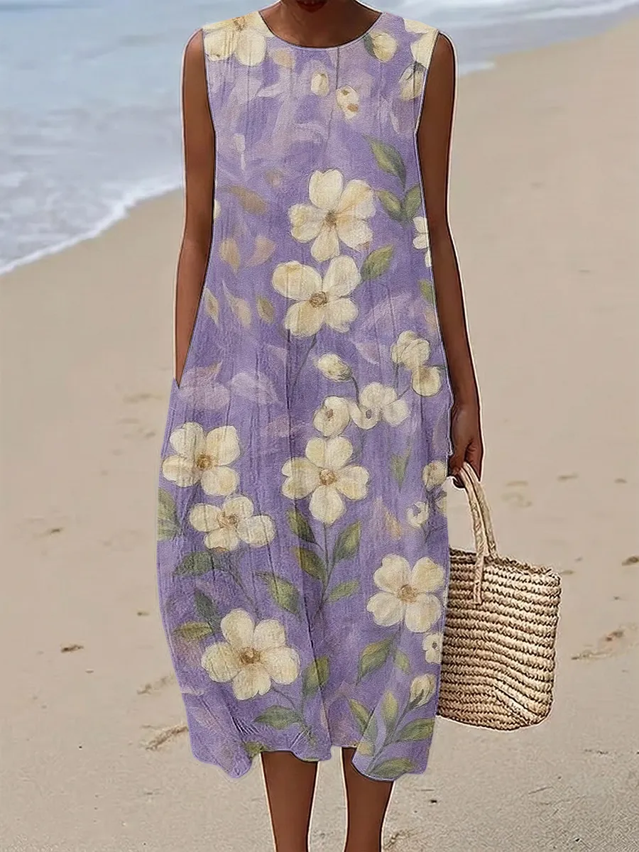 Women's Retro Round Neck Sleeveless Printed Dress