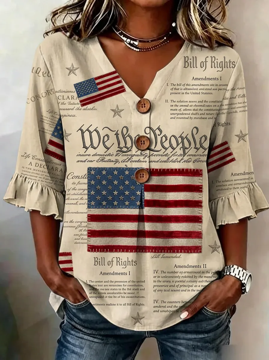 Women's Patriotic USA Flag Bill of Rights Printed V-Neck Top