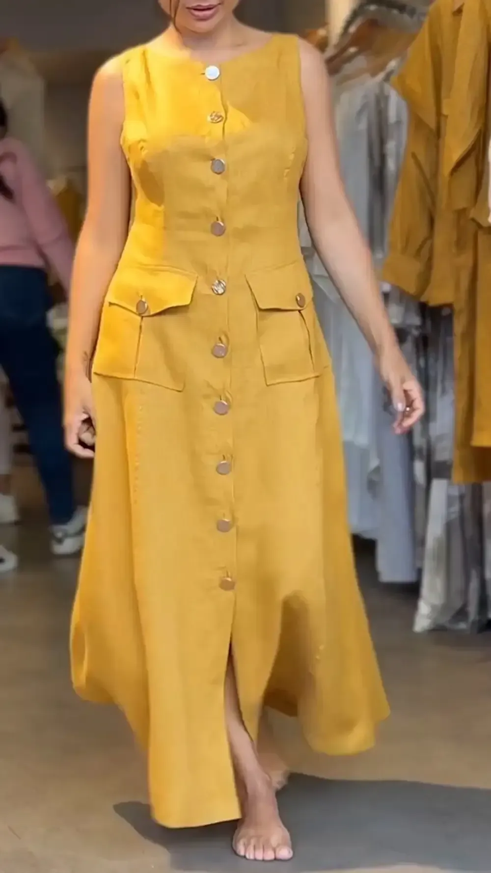 Women's Round Neck Sleeveless Casual Button Double Pocket Design Dress