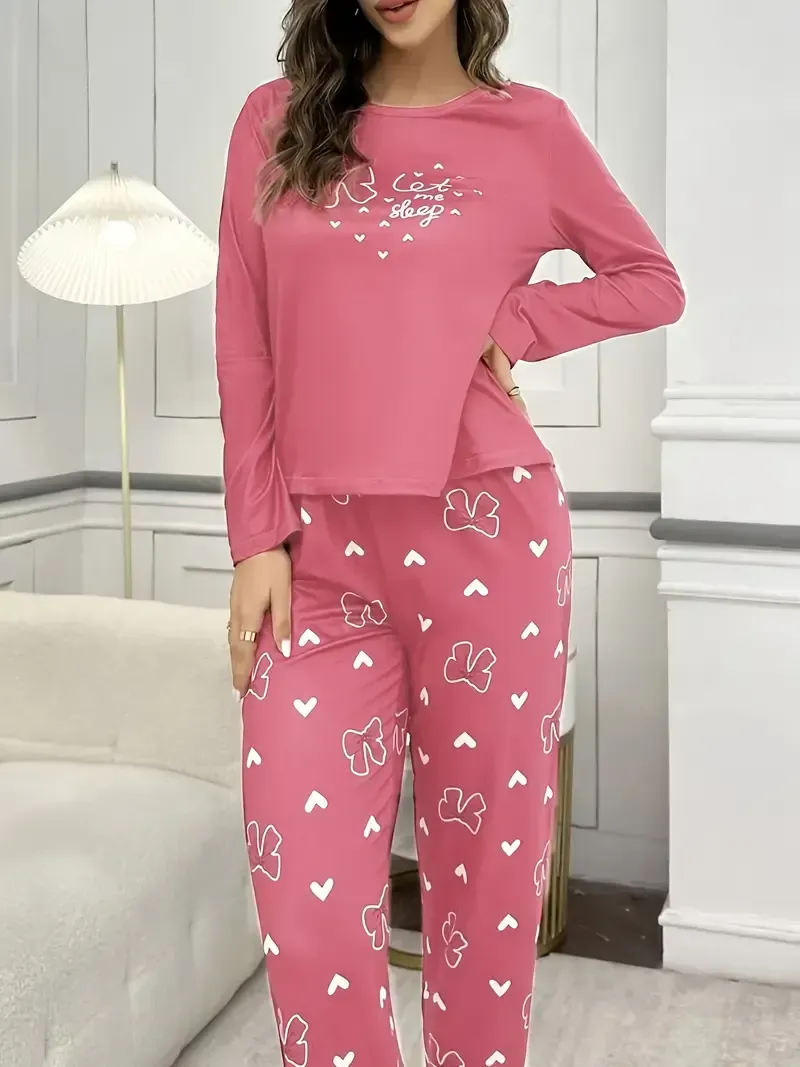 Leisure Women's Pajama Set, 2pcs Set with Long-sleeved Top with Bow and Letter Print and Long Pants with Print