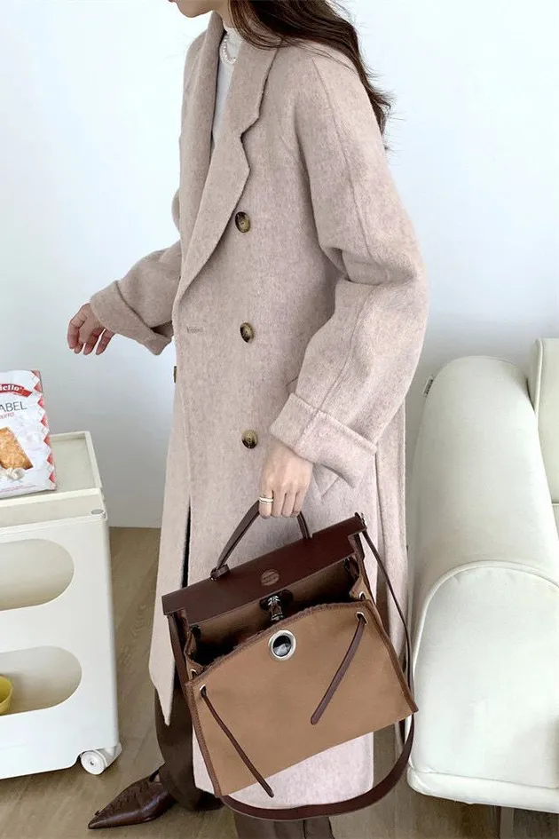 Solid Double Front Tie Breasted Lapel Coat