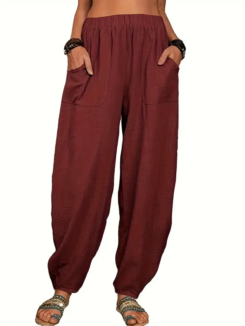 Women's Casual Lightweight Harem Pants with Elastic Waist and Side Pockets