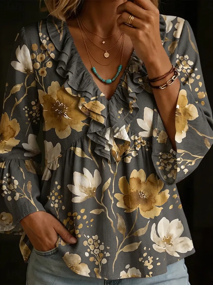 Women's Nashville Floral Ruffle Printed Top