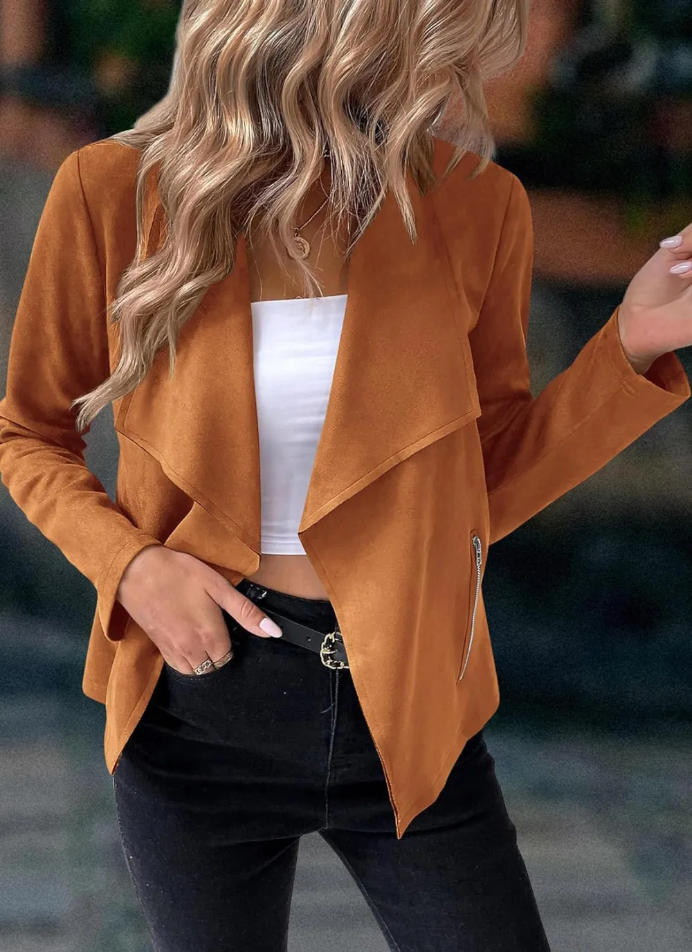 Women's Faux Suede Jackets 2023 Fall Clothes Long Sleeve Open Front Cropped Coat Outwear