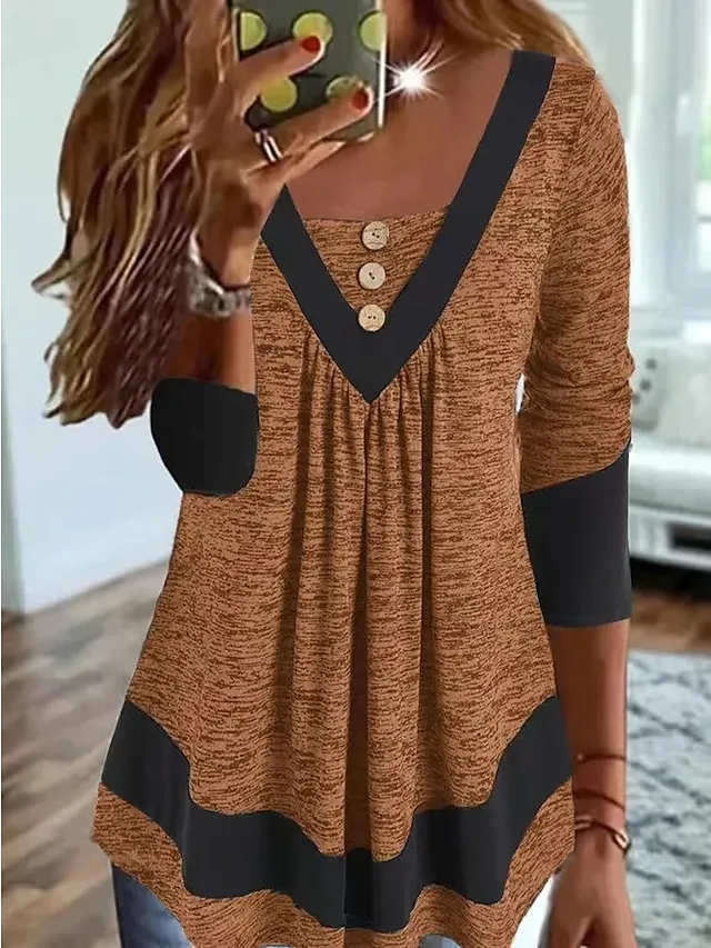 Women's Plus Size T shirt Tee Color Block Blue Orange Green Button Flowing tunic Long Sleeve Casual Weekend Basic V Neck Regular Fit Fall & Winter