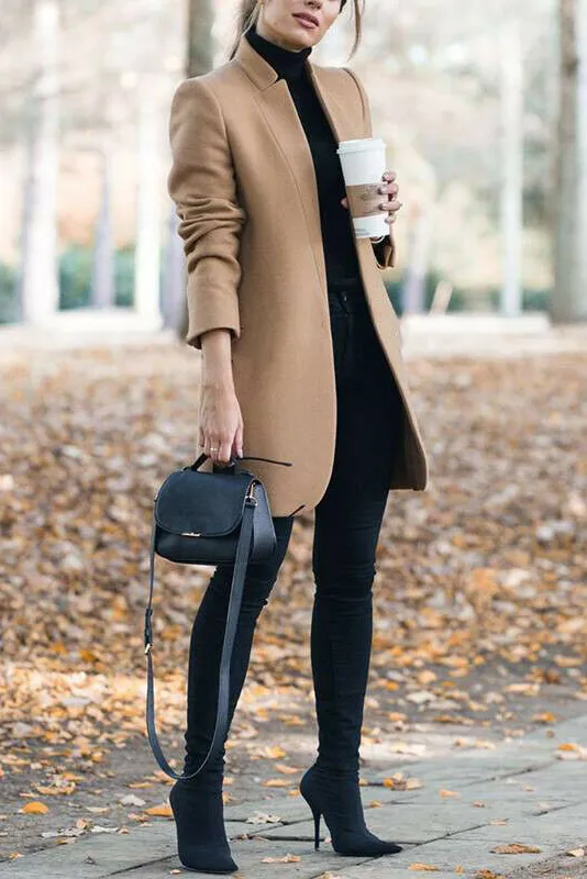 Solid standing collar slim long faux woolen coat