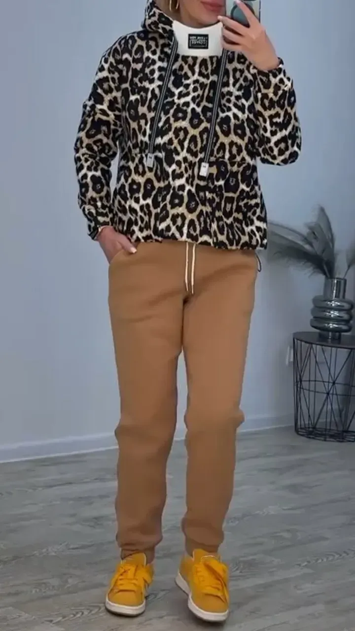 Women's High Collar Leopard Print Casual Warm Suit