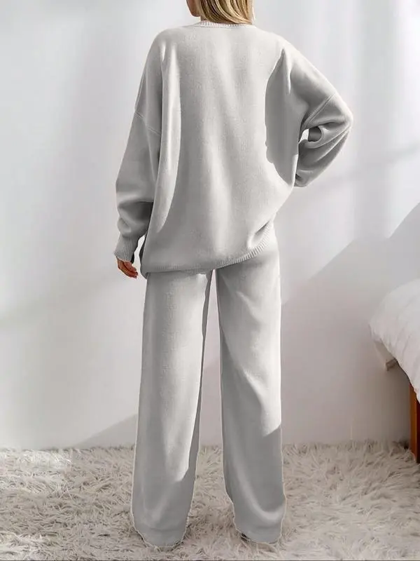 Women's  V Neck Cardigan & Elastic Waist Wide Leg Pants Two-piece Set