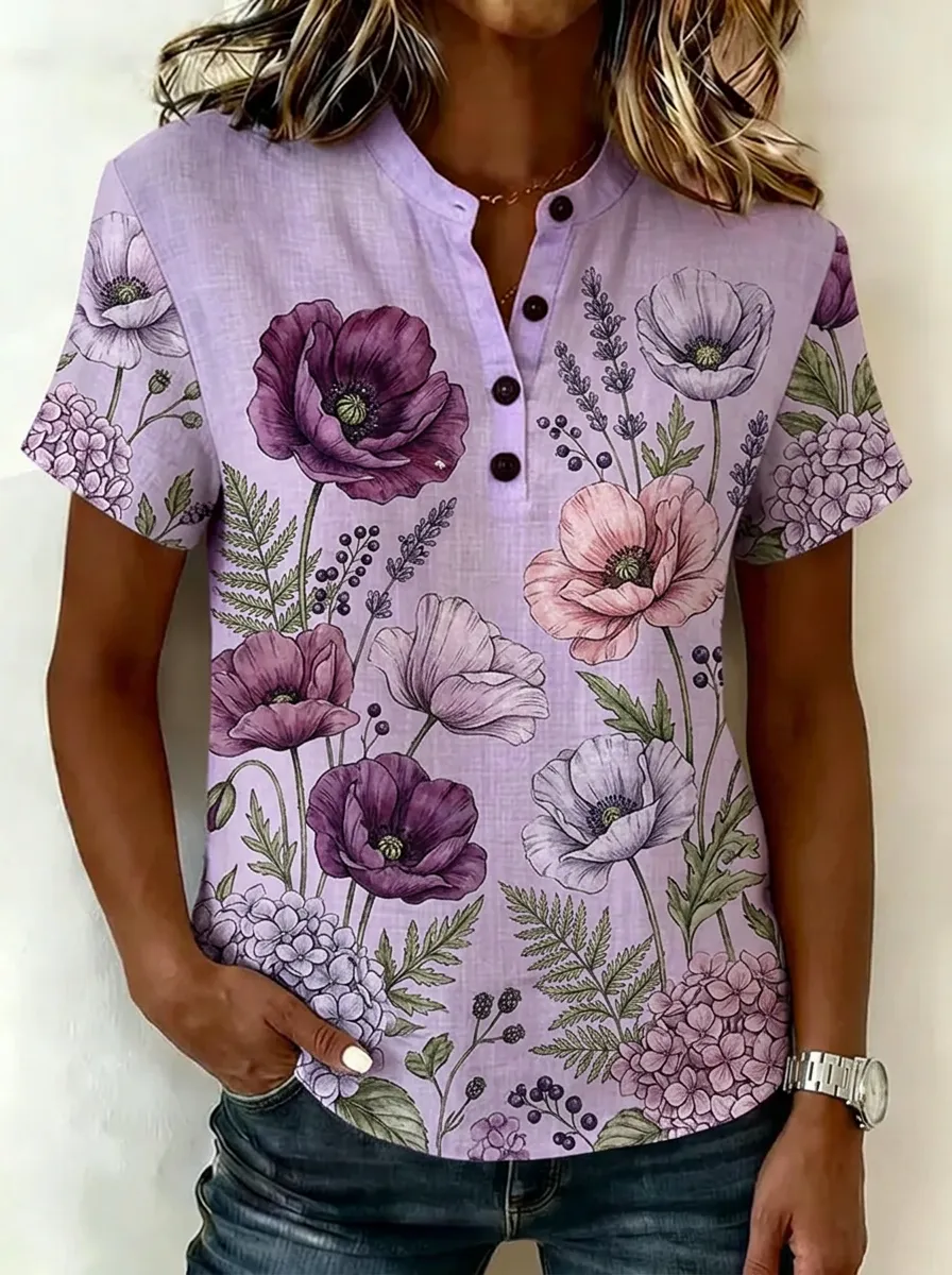 Women's Nashville Floral Poppy Printed Henley Shirt