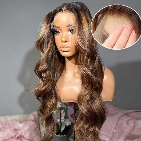 Sterly Hair Black Roots with 4/27 Highlight Wig Body Wave Lace Front Human Hair Wig