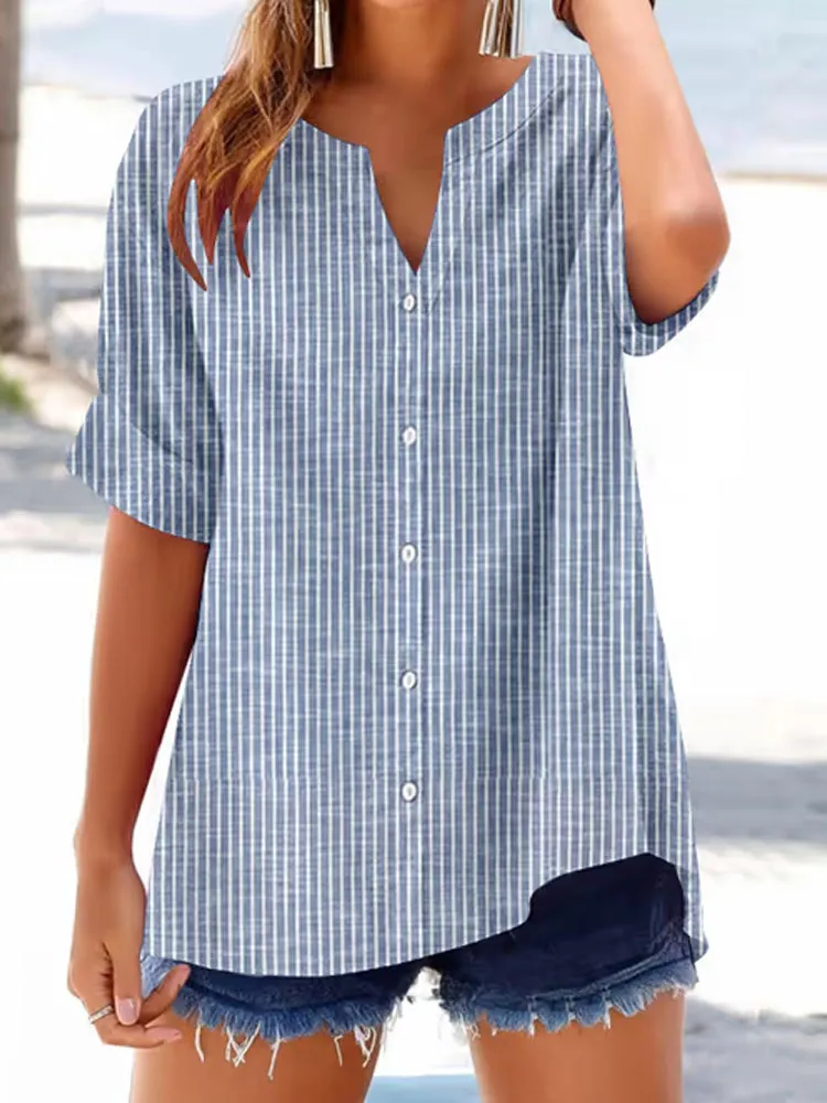 Women'S Retro Striped Pattern Button Casual Shirt