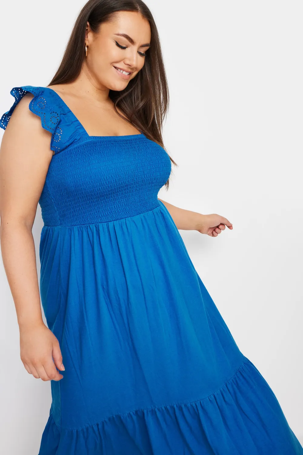 YOURS Curve Blue Frill Sleeve Shirred Midaxi Dress