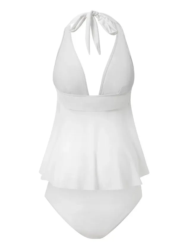 Vacation Plain Flouncing V neck Tankinis Two-Piece Set