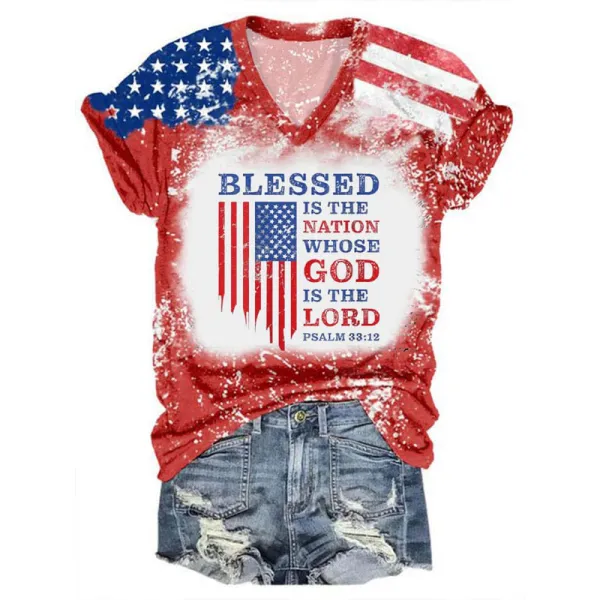 Women's Blessed Nation Psalm 33:22 4th Of July Print V-Neck T-Shirt