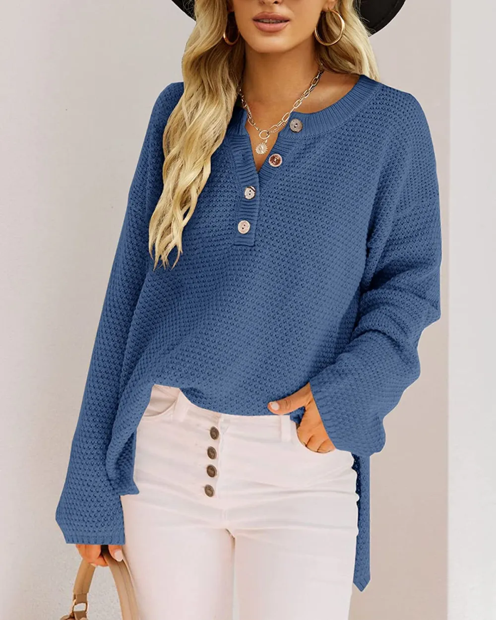Women's Oversized Sweaters Batwing Long Sleeve Loose V Neck Button Henley Tops Pullover Knit Jumper