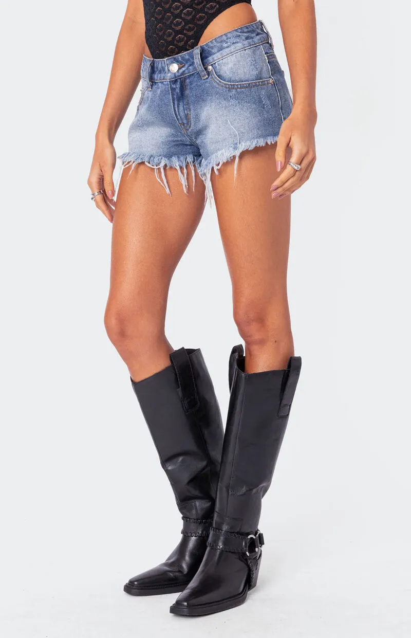 Edikted Erika Low Rise Frayed Denim Shorts