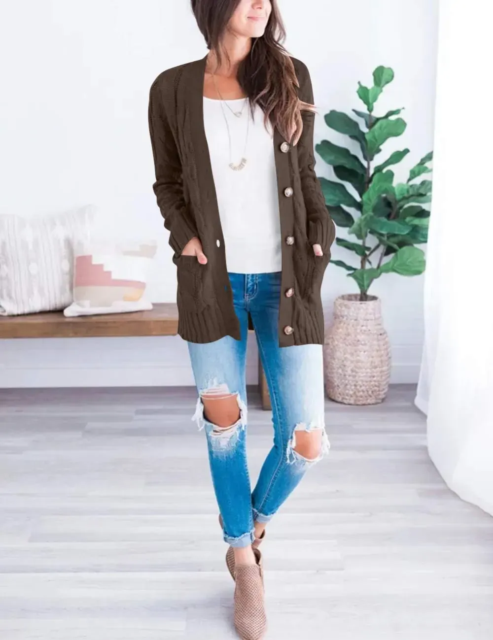 MEROKEETY Women's 2024 Fall Long Sleeve Cable Knit Sweater Open Front Cardigan Button Loose Outerwear