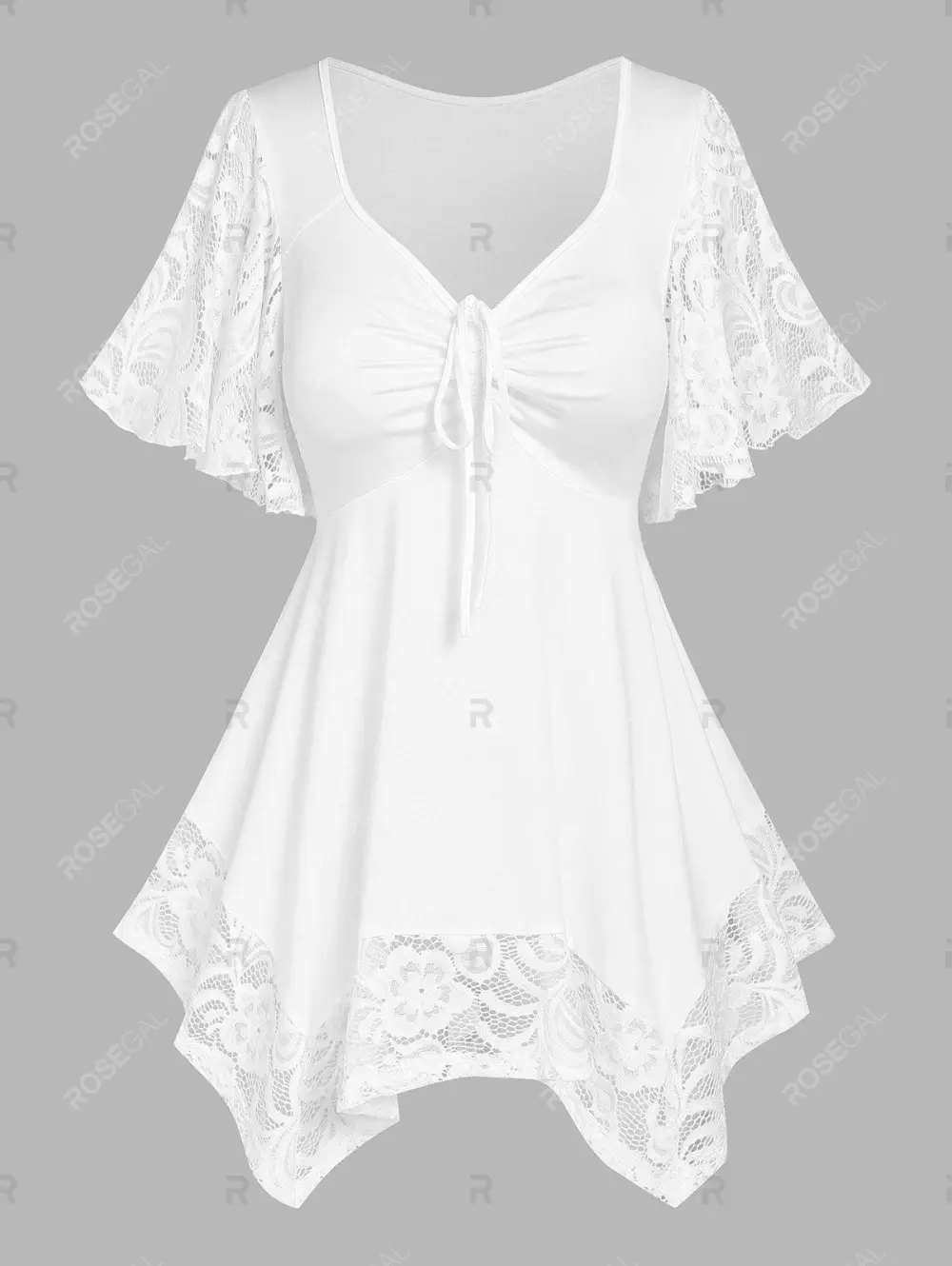 Lace Insert Flutter Sleeve T Shirt and 3D Lace Up Jean Print Capri Leggings Plus Size Summer Outfit