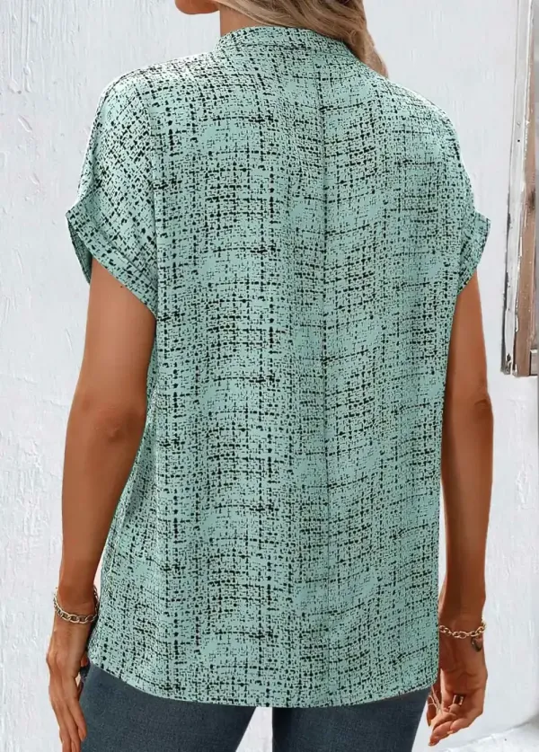 Sage Green Split Geometric Print Short Sleeve Blouse
