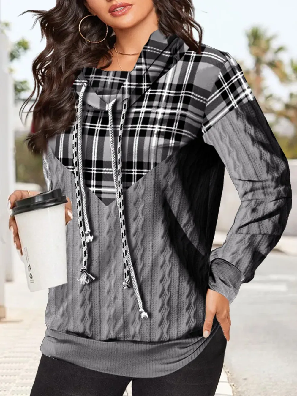 Casual Loose Turtleneck Plaid Sweatshirt