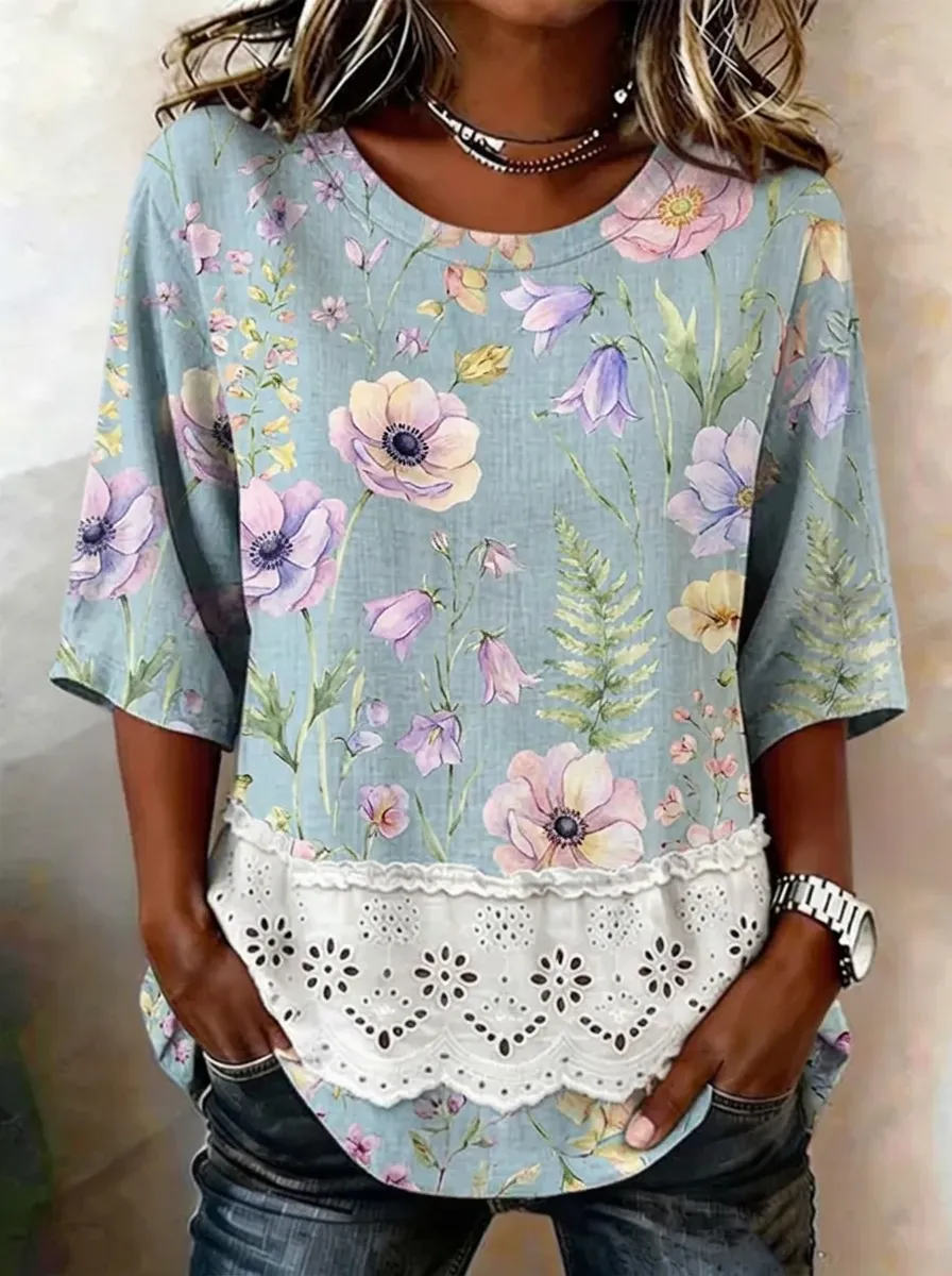 Women's Nashville Floral Botanical Lace Trim Printed Top